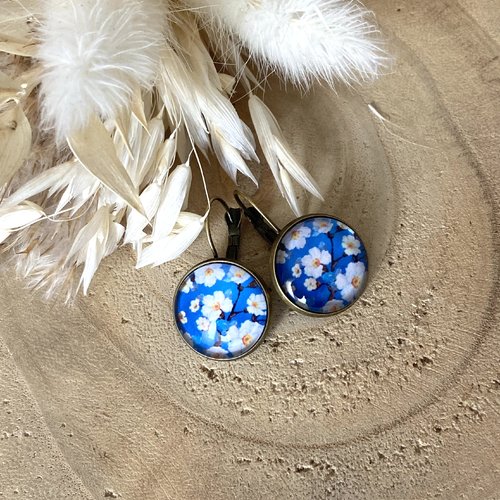 Boucles d'oreilles cabochon verre, fleurs bleues, grosses fleurs, vintage