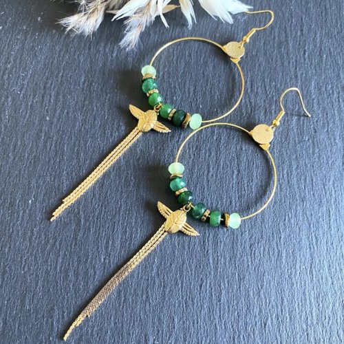 Créoles longues or et vert, longues, originales