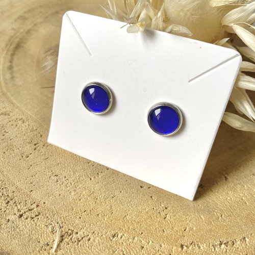 Puces d’oreilles cabochons en verre, clous d’oreilles bleus, puces bleues, cadeau amie, cadeau noel