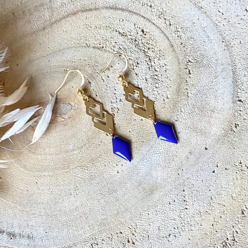 Boucles d'oreille sequin émaillé losange, pendantes, dorées, boucles graphiques, bleu