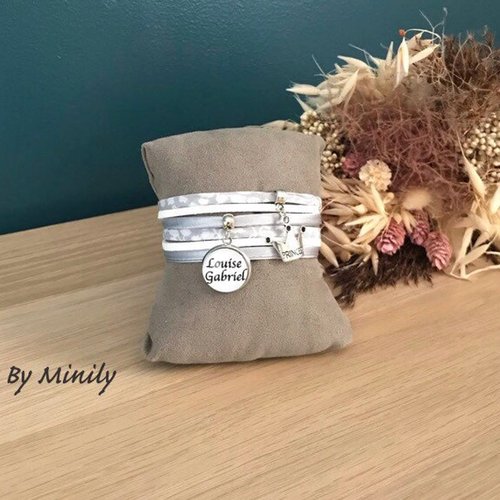 Bracelet liberty personnalisé - prénom - idée cadeau - cadeau unique - gris et blanc