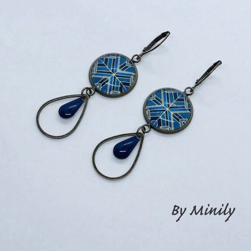 Boucles d’oreilles pendantes cabochon en verre - bleu - graphique - pendantes