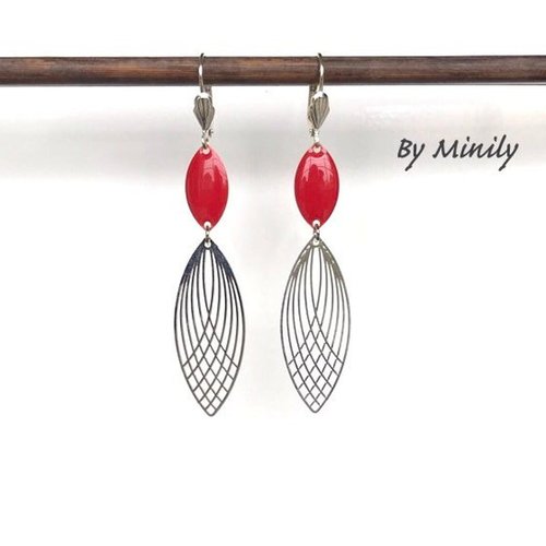 Boucles d’oreilles pendantes sequin émaillé rouge, pendantes, ovales, by minily