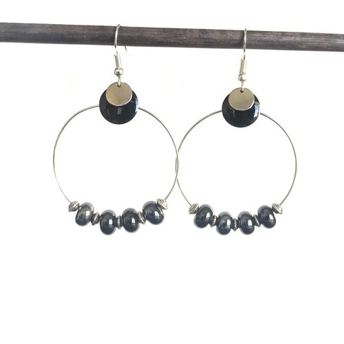 Boucles d'oreilles créoles perles céramiques, noir, idée cadeau, by minily