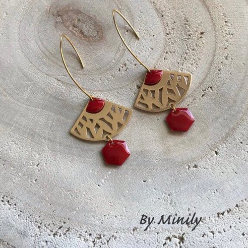Boucles d’oreilles pendantes fantaisie sequins émaillés, doré, rouge, by minily