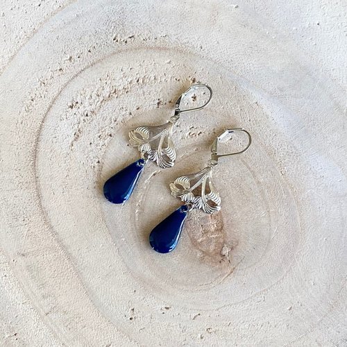 Boucles d'oreilles sequin émaillé, pendantes sequin goutte émaillé, art deco , bleu, vintage, rétro, argenté