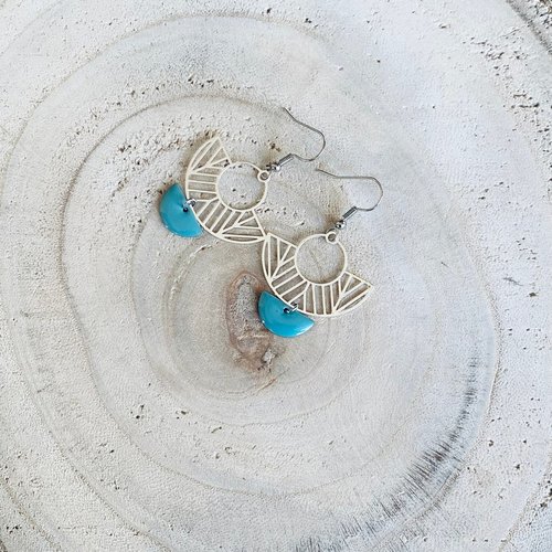Boucles d'oreille sequin émaillé, pendantes, rosace, 1/2 lune, argenté, idée cadeau, noël, unique, vert d’eau
