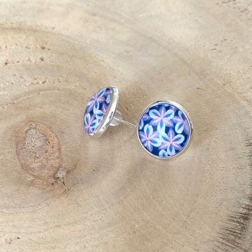 Puces d’oreilles, clous d’oreilles, cabochon en verre, fleurs