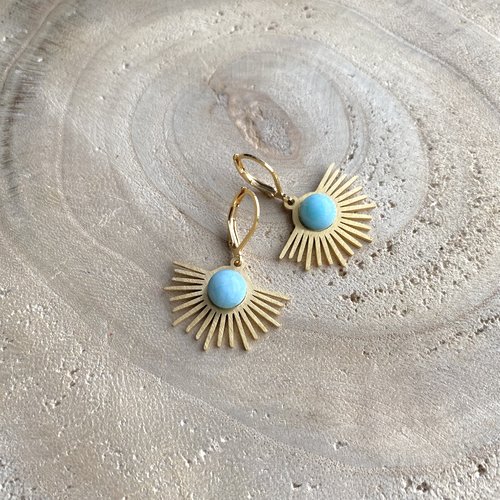 Boucles d’oreilles pendantes pierre naturelle - soleil - dorée - cadeau femme - bijoux pierre