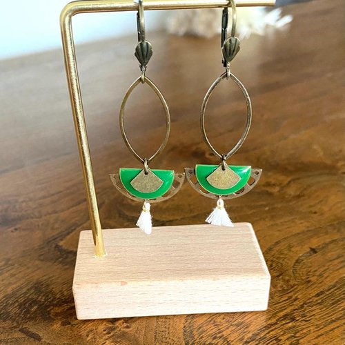 Boucles d'oreille fantaisie pendantes sequin émaillé, boho chic, vert