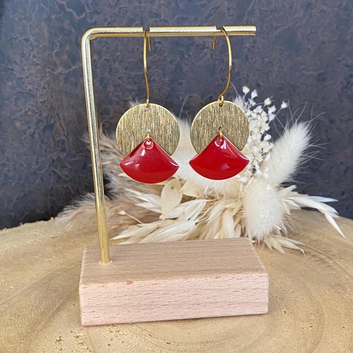 Boucles d’oreilles pendantes sequins émaillés, graphique, doré, éventail, rouge