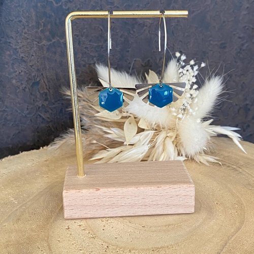 Boucles d’oreilles pendantes sequin émaillé bleu pétrole sur éventail argent, idée cadeau