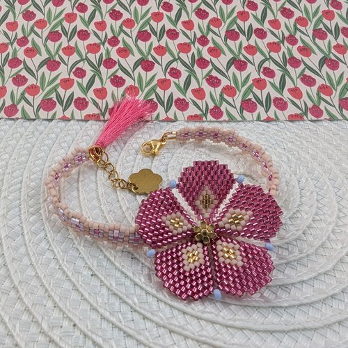 Bracelet fleur fushia et rose perles en verre miyuki, tissé à la main