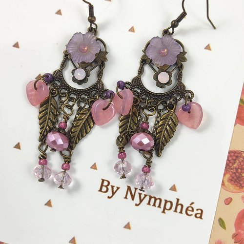 Boucles d'oreilles laiton, boucles romantiques avec fleurs et perles en verre
