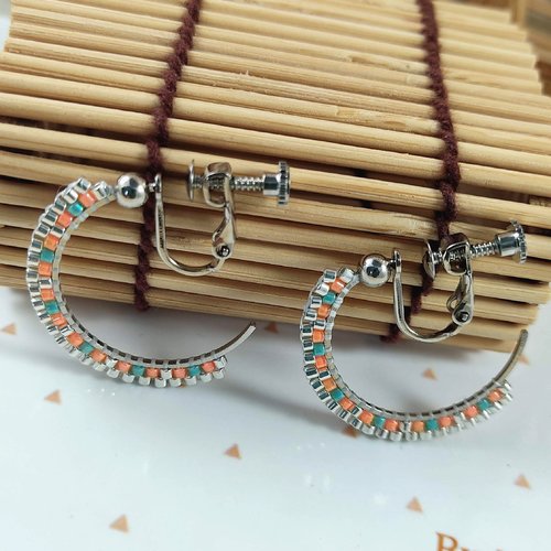 Boucles d'oreilles clips thalie, créoles argentées et perles miyuki