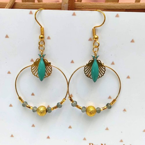 Boucles d'oreilles créoles petit poisson vert turquoise