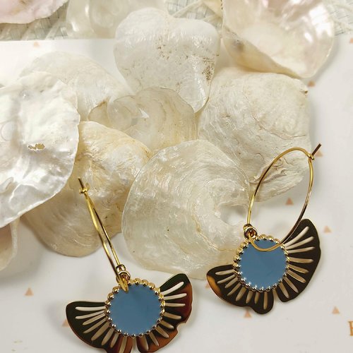 Créoles en laiton doré, breloque ginkgo biloba bleu, créoles femmes