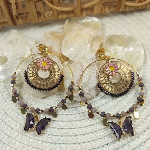Boucles d'oreilles sélinda, grosses créoles avec papillon violet et perles en verre