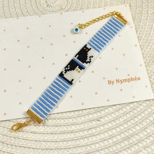 Bracelet chat noir, tissage de perles en verre