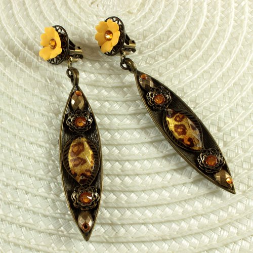 Boucles d'oreilles clips hanoï, cabochon léopard