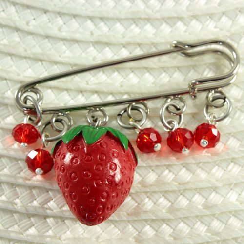 Broche épingle fraise, perles rouges en verre, broche breloques