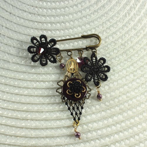 Broche séraphine, broche noir et prune avec fleur et cristal