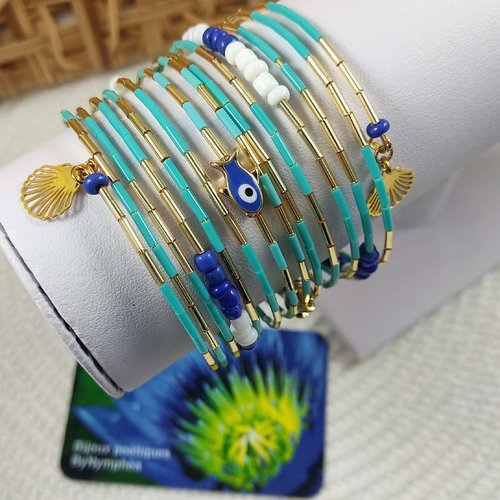 Bracelet multirangs manchette avec perles en verre, perle poisson