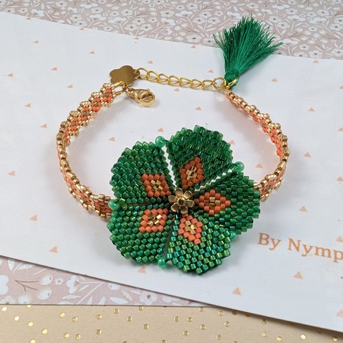 Bracelet femme fleur verte et orange, perles en verre miyuki, tissé à la main
