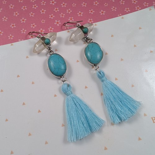 Boucles d'oreilles cheyenne, pompon bleu turquoise