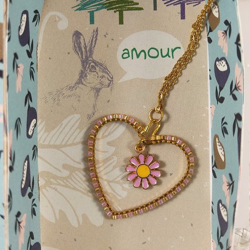 Collier coeur rose, tissage main perles miyuki
