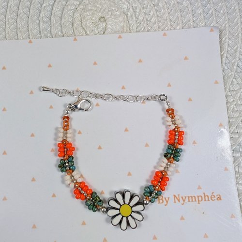 Bracelet perles en verre fleur marguerite orange, et acier inoxydable
