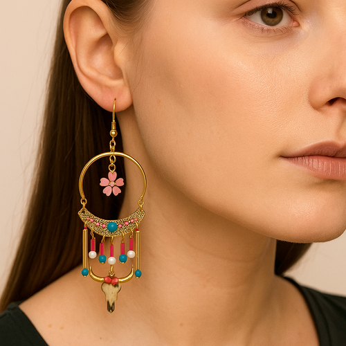 Boucles d'oreilles breloques buffle, perles en verre