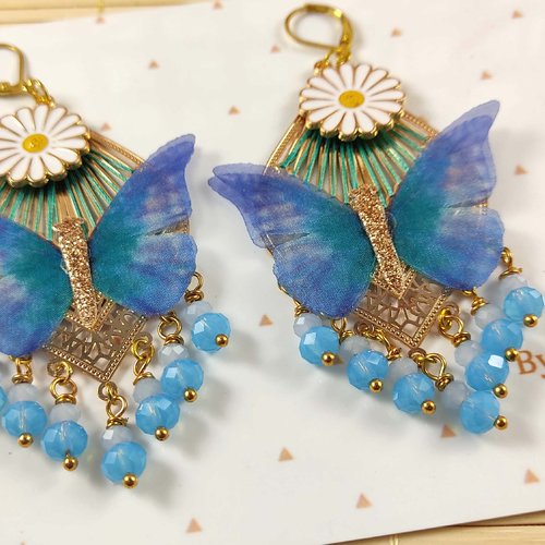 Boucles d'oreilles papillon organza et marguerite