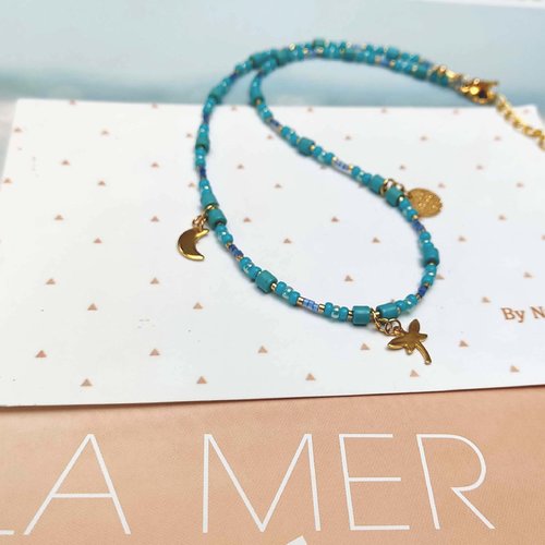 Collier cassis, libellule et perles bleues