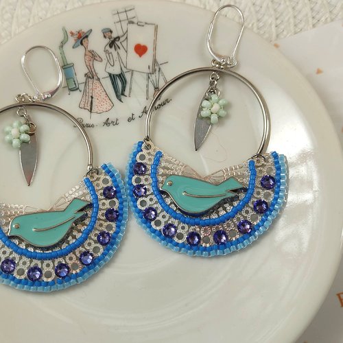 Boucles d'oreilles oiseau turquoise et perles