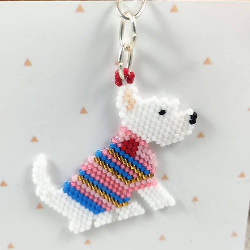 Porte clé chien westie perles miyuki en verre, bijou de sac chien