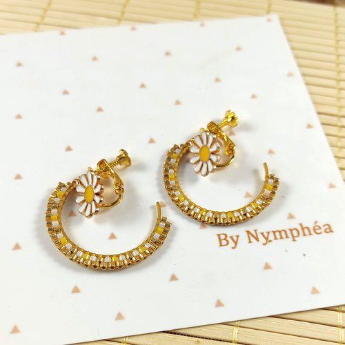 Boucles d'oreilles clips toinette, créoles jaunes et fleurs créoles perles miyuki, bynymphéa
