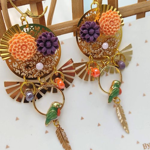 Boucles d'oreilles oiseau et fleur