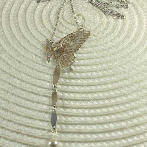 Collier maëlle, collier papillon en plaqué rhodium et perles