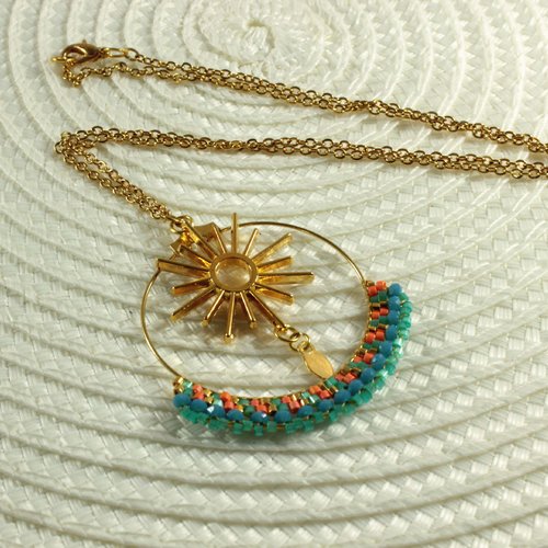 Collier suzalie, collier tissage perles en verre, breloque soleil