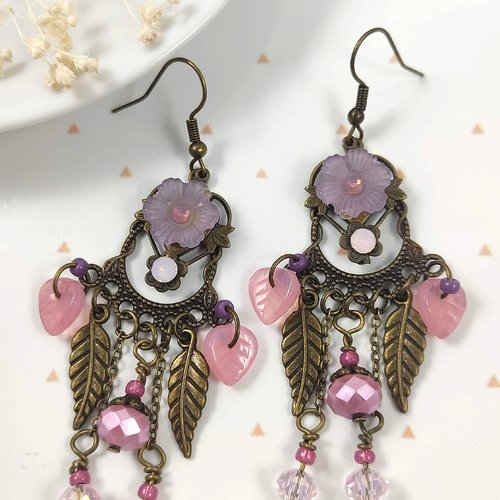 Boucles d'oreilles laiton, boucles romantiques avec fleurs et perles en verre