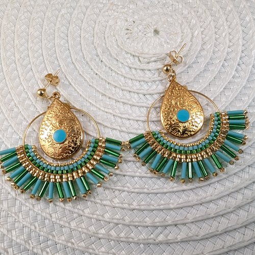 Boucles d'oreilles bohème chic doré et turquoise