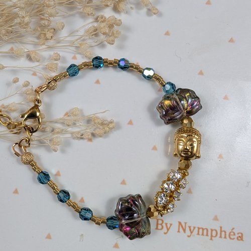 Bracelet bouddha et fleur de lotus, perles en verre