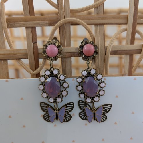 Boucles d'oreilles clips constance, papillon violet et cristal