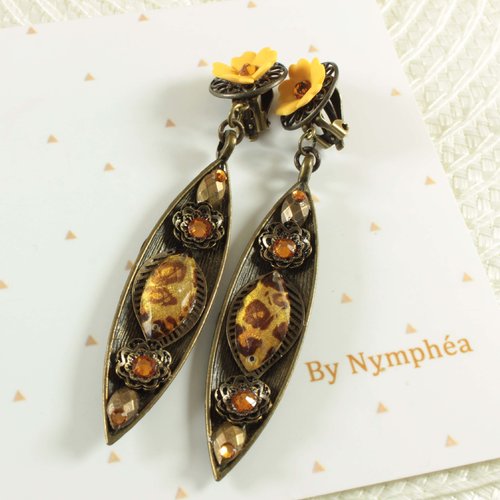 Boucles d'oreilles clips hanoï, cabochon léopard