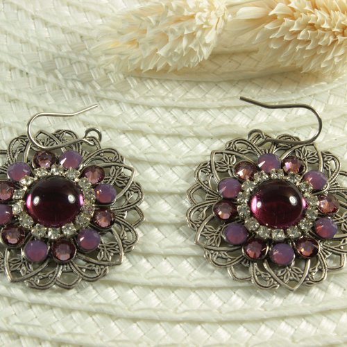 Boucles d'oreilles rondes strass en cristal et cabochon violet