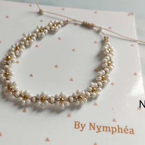 Bracelet marguerite, fleur tissée main, perles en verre