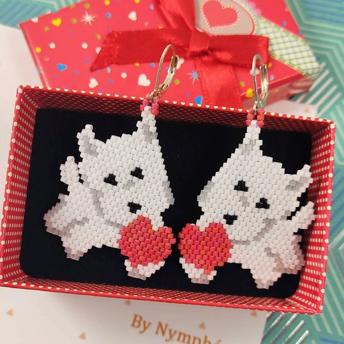 Boucles d'oreilles chien westie, tissage perles en verre