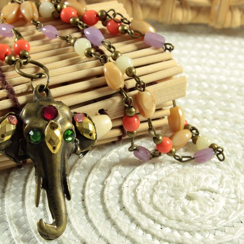 Collier eléphant perles vintage et strass