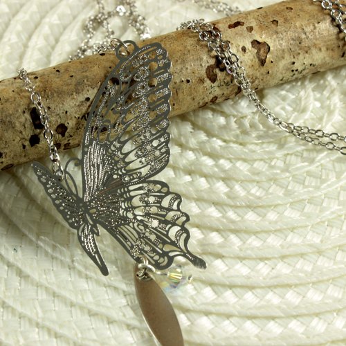 Collier maëlle, collier papillon en plaqué rhodium et perles